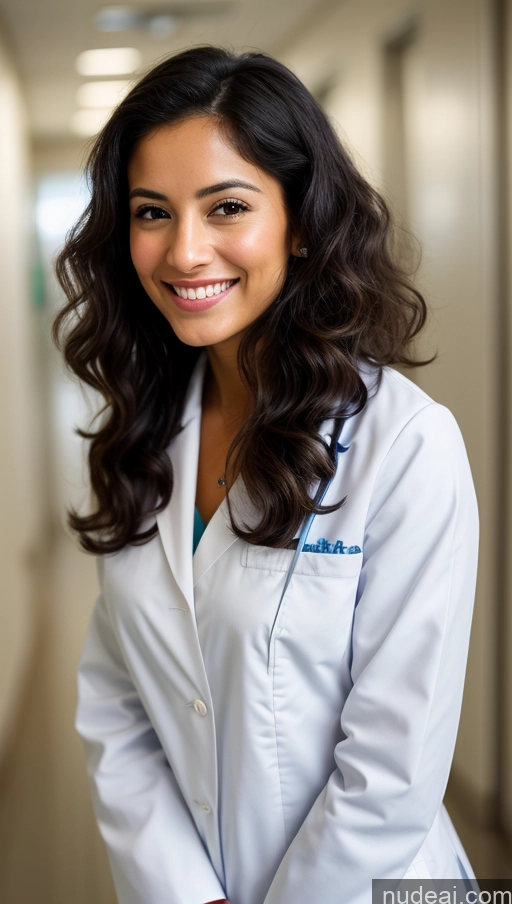 ai nude image of arafed woman in a white lab coat smiling in a hallway pics of One Beautiful Short Tanned Skin Black Hair Middle Eastern Woman Hospital 20s Small Tits Small Ass Skinny Happy Curly Hair Doctor Close-up View