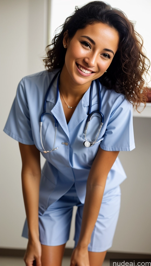 ai nude image of arafed woman in a blue scrub suit is smiling and leaning over a cake pics of One Beautiful Short Tanned Skin Black Hair Middle Eastern Woman Hospital 20s Small Tits Small Ass Skinny Happy Curly Hair Doctor Close-up View