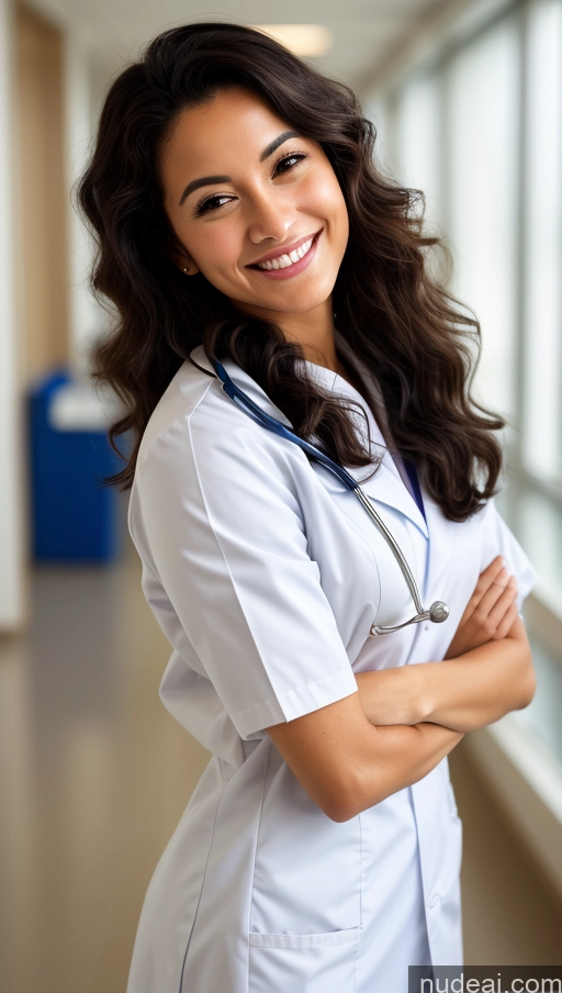 ai nude image of arafed woman in a white lab coat standing in a hallway pics of One Beautiful Short Tanned Skin Black Hair Middle Eastern Woman Hospital 20s Small Tits Small Ass Skinny Happy Curly Hair Doctor Close-up View