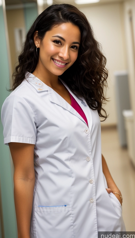 ai nude image of arafed woman in a white lab coat standing in a hallway pics of One Beautiful Short Tanned Skin Black Hair Middle Eastern Woman Hospital 20s Small Tits Small Ass Skinny Happy Curly Hair Doctor Close-up View