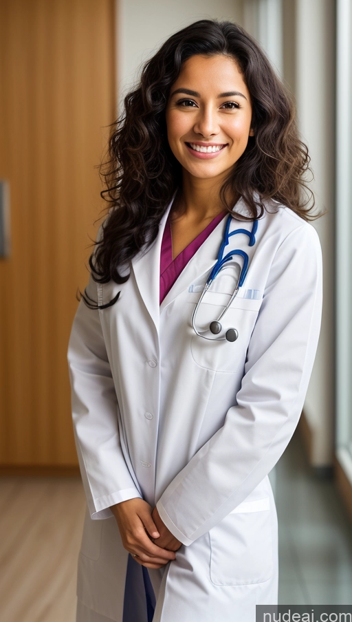 ai nude image of arafed woman in a white lab coat standing in a hallway pics of One Beautiful Short Tanned Skin Black Hair Middle Eastern Woman Hospital 20s Small Tits Small Ass Skinny Happy Curly Hair Doctor Close-up View