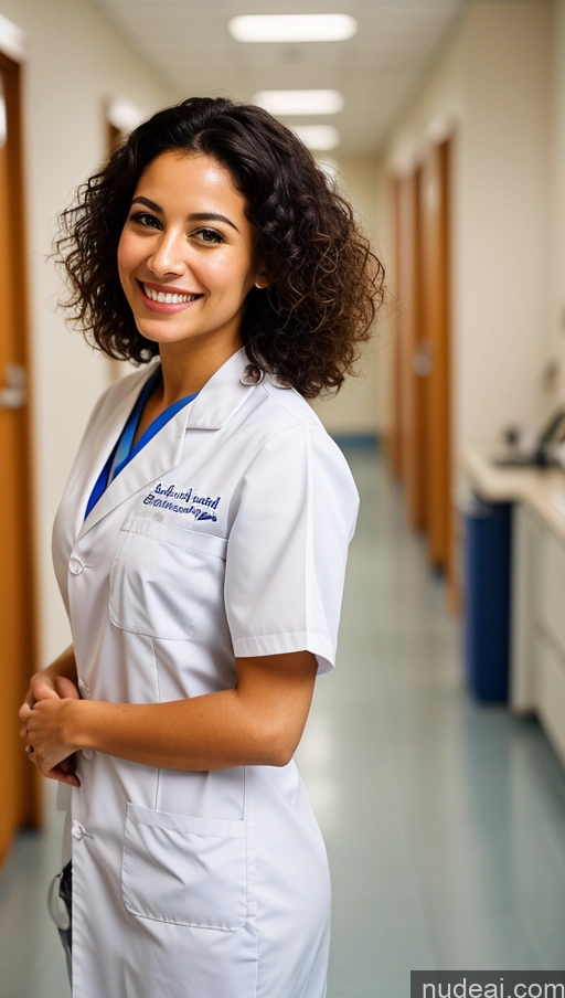 ai nude image of smiling woman in white lab coat standing in a hallway pics of One Beautiful Short Tanned Skin Black Hair Middle Eastern Woman Hospital Small Tits Small Ass Skinny Happy Curly Hair Doctor Close-up View 30s