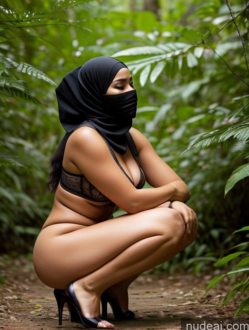 ai nude image of araffe woman in a black hijab crouches down in the woods pics of One Chubby 50s Orgasm Black Hair Front View Bobcut Niqab Jungle Squatting Woman Malaysian Nude High Heels Thong Lingerie