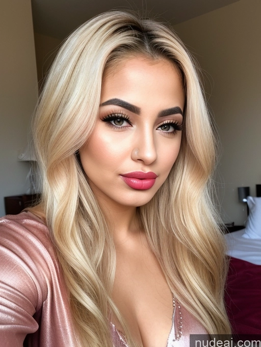 ai nude image of a close up of a woman with long blonde hair and a pink top pics of Arabic Blonde One Woman Pajamas Pouting Lips