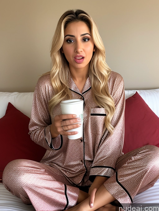 ai nude image of blond woman in pajamas holding a cup of coffee on a bed pics of Arabic Blonde One Woman Pajamas Shocked