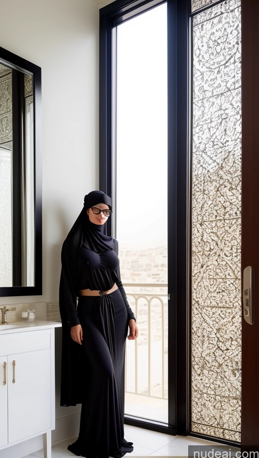 ai nude image of there is a woman standing in a bathroom with a large window pics of Woman Two Perfect Boobs Small Tits Glasses Lipstick Sunglasses Abs Big Hips Long Legs Perfect Body Pubic Hair Fairer Skin Long Hair Arabic Bathroom Front View Niqab T-pose 30s Sexy Face