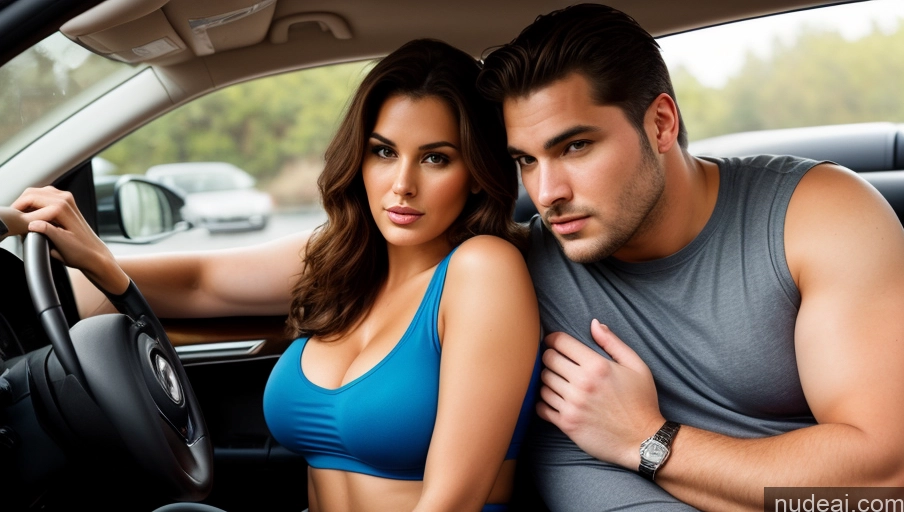 ai nude image of they are two people sitting in a car together pics of Woman + Man Two Perfect Body 20s Seductive Serious Sexy Face British Illustration Car Tank Top Shirt Jeans Chubby