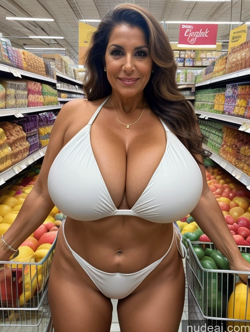 ai nude image of arafed woman in a white bikini posing in a grocery store pics of Milf One Huge Boobs Busty Tanned Skin 60s Middle Eastern Microkini Thong Grocery Front View