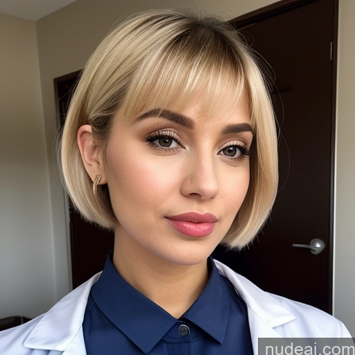 ai nude image of blond woman with short hair wearing a white lab coat and blue shirt pics of Woman One Pouting Lips Blonde Arabic Short Hair Doctor