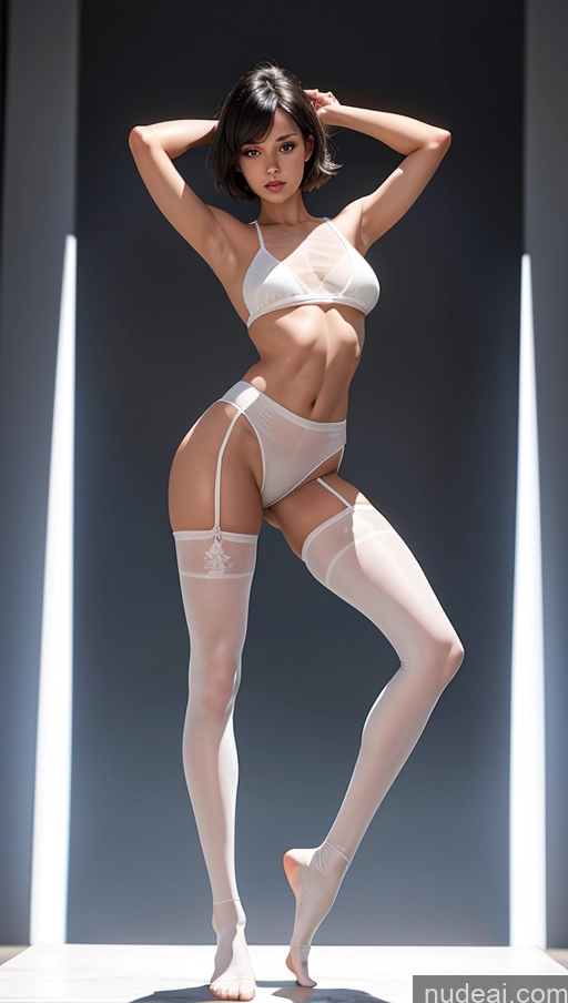 ai nude image of araffe woman in white lingerie posing in a spotlight pics of Athlete Perfect Boobs Beautiful Abs Perfect Body Tanned Skin Small Ass Long Legs Seductive 20s Black Hair Short Hair Front View Yoga Pantyhose Transparent Bright Lighting Detailed Stockings Suit Stylish High Socks