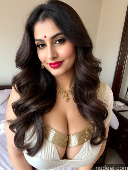 ai nude image of araffeed woman in a white dress posing for a picture pics of Milf Busty Beautiful Lipstick Chubby Thick 20s Happy Seductive Brunette Long Hair Bedroom Front View Sari Cleavage Diamond Jewelry Gold Jewelry Detailed Big Hips Pouting Lips British T-pose