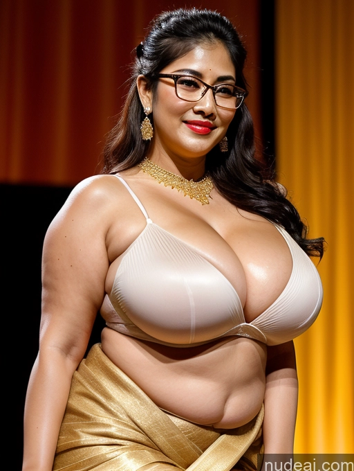 ai nude image of araffe woman in a gold dress and glasses posing for a picture pics of Milf Beautiful Lipstick Chubby Big Hips Seductive Spreading Legs Sari Cleavage Diamond Jewelry Gold Jewelry Bright Lighting Detailed Huge Boobs Glasses Big Ass Skinny Fairer Skin Oiled Body 50s Sexy Face Black Hair Japanese Hair Bun Stage