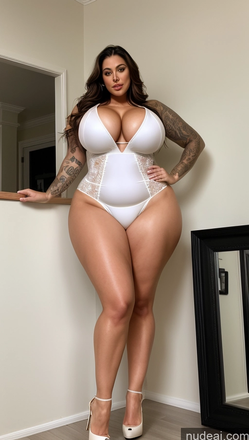 ai nude image of araffe woman in a white bodysuit posing for a picture pics of Busty Huge Boobs Perfect Boobs Beautiful Tattoos Big Ass Big Hips Chubby Thick Long Legs Oiled Body Tall Perfect Body Cleavage Fairer Skin Lingerie Model White 30s Bikini Underwear High Heels