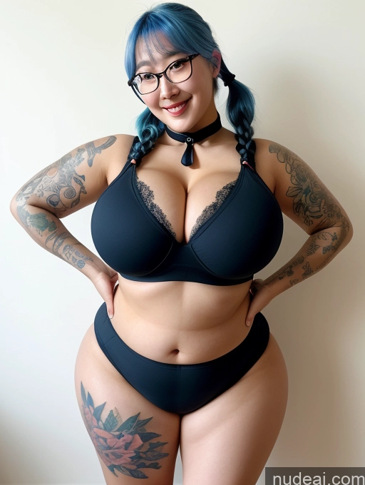 ai nude image of arafed woman with blue hair and glasses posing for a picture pics of Woman One Busty Huge Boobs Perfect Boobs Glasses Tattoos Big Ass Chubby Blue Hair Pigtails Front View T-pose Choker Happy Korean 30s