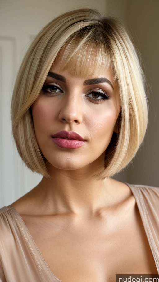 ai nude image of blond woman with a short bob cut and a pink lip pics of Blonde Short Hair Arabic Bedroom Pouting Lips Blouse