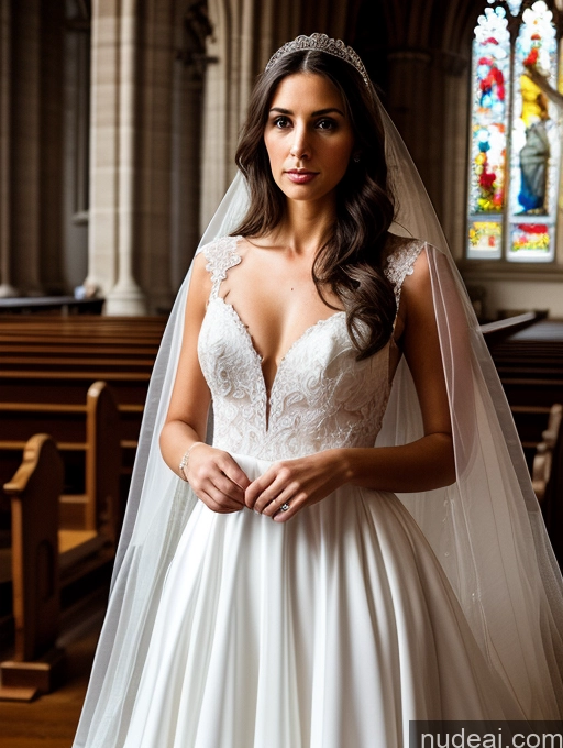 ai nude image of arafed bride in a white wedding dress standing in a church pics of Woman One Beautiful Skinny Small Tits 20s Serious Brunette Long Hair White Soft + Warm Church Front View Wedding Dark Lighting Detailed