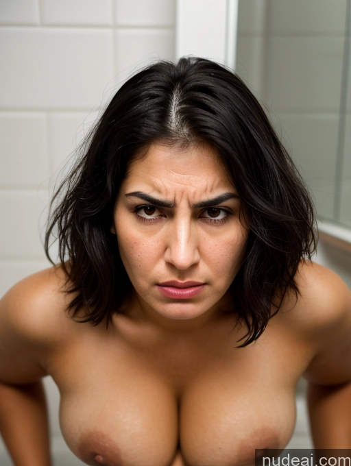 ai nude image of arafed woman with a very big breast in a bathroom pics of Seductive Serious Sad Sexy Face Angry Busty Perfect Boobs Thick Tanned Skin 30s Bending Over Close-up View Bathroom Black Hair Bobcut Jewish Nude Sorority