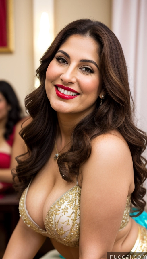 ai nude image of smiling woman in gold and blue dress posing for a picture pics of Milf Busty Beautiful Lipstick Chubby Thick Big Hips Fairer Skin Happy Seductive Brunette Long Hair Russian Party Front View Spreading Legs Cleavage Diamond Jewelry Gold Jewelry Bright Lighting Detailed Sari