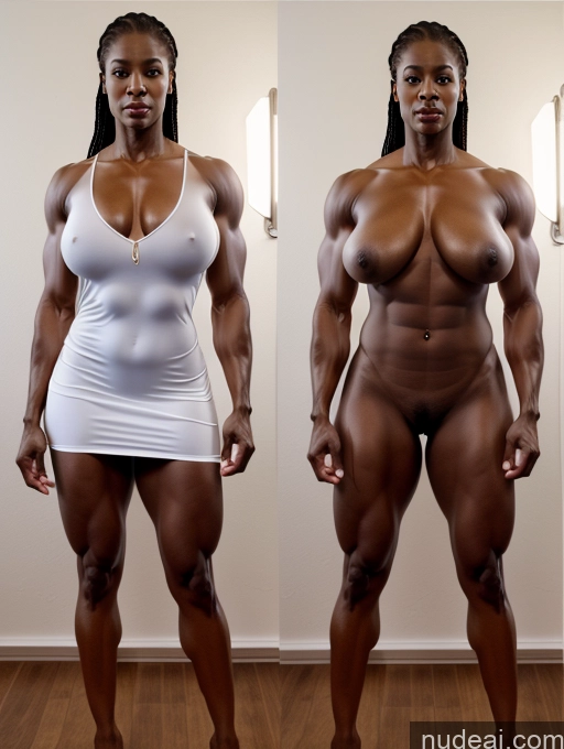 ai nude image of arafed woman posing in a white dress and showing off her big tits pics of Bodybuilder Perfect Boobs Beautiful Muscular Abs Long Legs Perfect Body 70s Film Photo Front View Dress Topless Bright Lighting Detailed Onoff African Fairer Skin