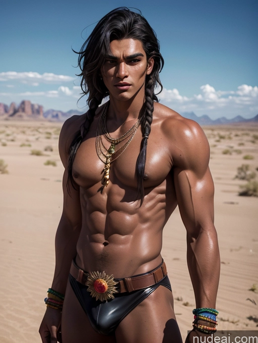 ai nude image of arafed man in a black leather brief with a necklace and a necklace pics of Western Superhero Leather Cosplay Desert Native American Long Hair Black Hair Sexy Face 20s Dark Skin Tanned Skin Perfect Body Muscular Jewelry Tribal Traditional