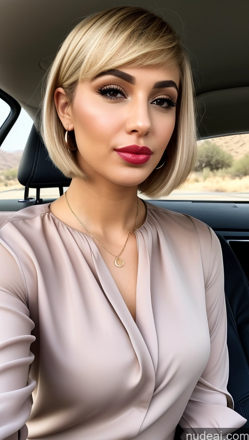 ai nude image of blond woman with short hair and a pink blouse sitting in a car pics of Blonde Short Hair Pouting Lips Arabic Car Eating Blouse