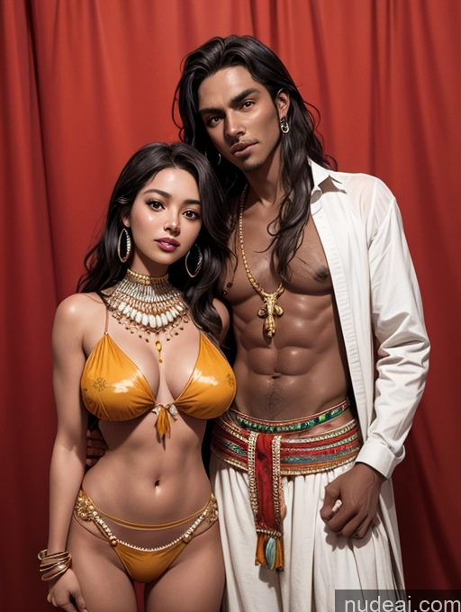 ai nude image of araffes in a yellow bikini and a man in a white shirt pics of Western Cosplay Desert Native American Long Hair Black Hair Dark Skin Tanned Skin Perfect Body Jewelry Tribal Traditional Partially Nude Pubic Hair Detailed Several Spreading Legs Laughing Happy Dark_Fantasy_Style Woman + Man