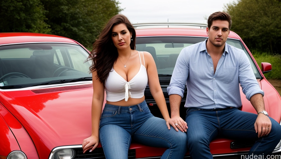 ai nude image of they are sitting on the hood of a red car pics of Woman + Man Two Beautiful Perfect Body Chubby 20s Sad British Illustration Car Spreading Legs Jeans Shirt Cleavage