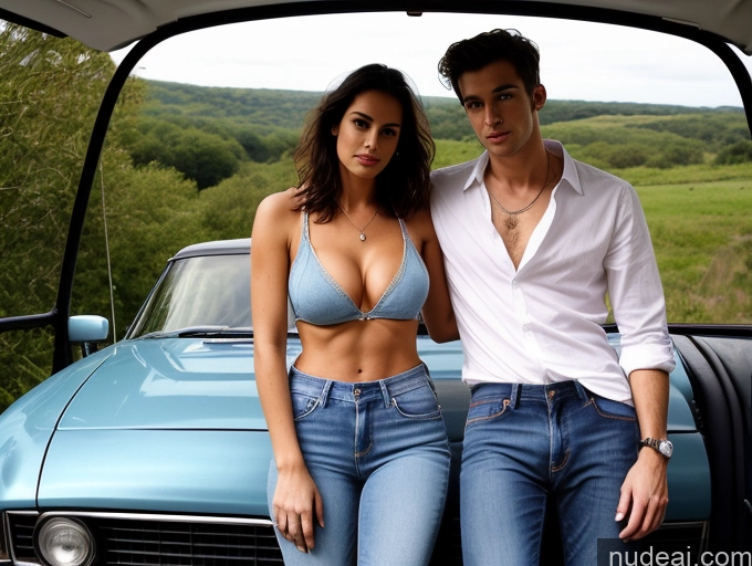 ai nude image of they are posing in front of a car with a blue car pics of Woman + Man Two Beautiful Perfect Body 20s Sad British Illustration Car Jeans Shirt Cleavage