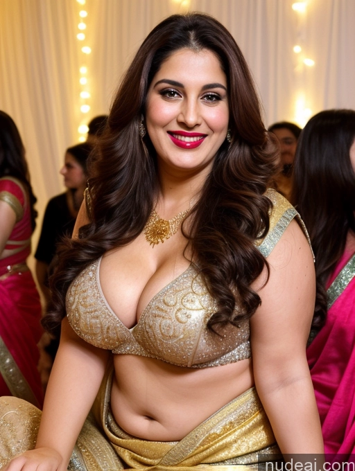 ai nude image of araffe woman in a gold sari posing for a picture pics of Milf Busty Beautiful Lipstick Chubby Thick Big Hips Fairer Skin 20s Happy Seductive Brunette Long Hair Russian Party Front View Sari Cleavage Diamond Jewelry Gold Jewelry Bright Lighting Detailed Spreading Legs