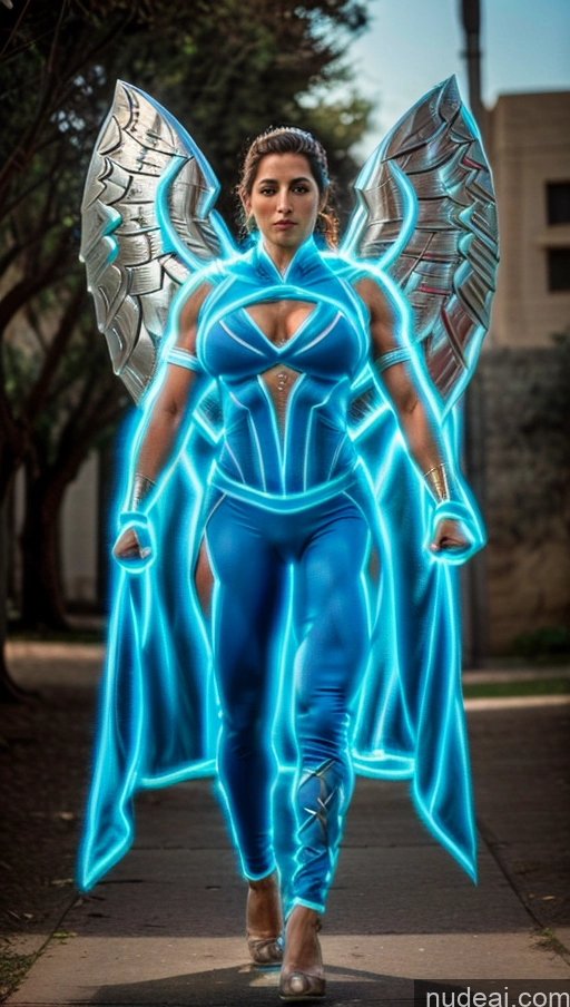 ai nude image of a woman in a blue outfit with wings and a cape pics of Israel Jewish Superhero Perfect Boobs Neon Lights Clothes: Blue Bodybuilder Powering Up Has Wings