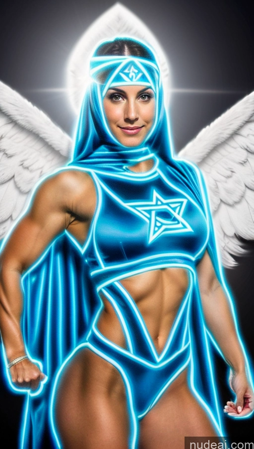 ai nude image of a close up of a woman in a blue costume with wings pics of Israel Jewish Superhero Perfect Boobs Neon Lights Clothes: Blue Bodybuilder Powering Up Angel