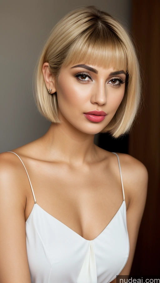 ai nude image of blond woman with short hair and a white dress posing for a picture pics of Short Hair Arabic Blonde Blouse One Woman Pouting Lips Bright Lighting Detailed