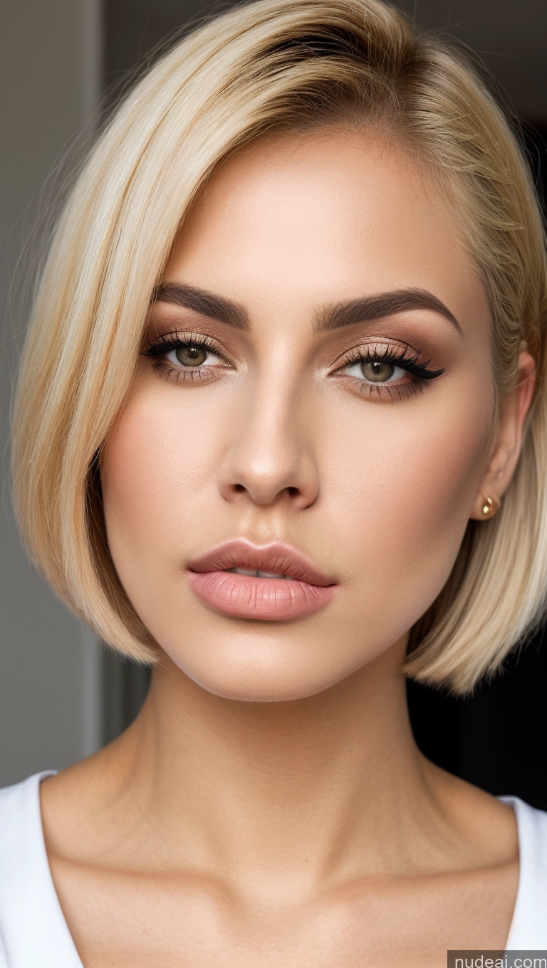 ai nude image of blond woman with short hair and eye makeup posing for a picture pics of Short Hair Arabic Blonde Blouse One Woman Pouting Lips Bright Lighting Detailed