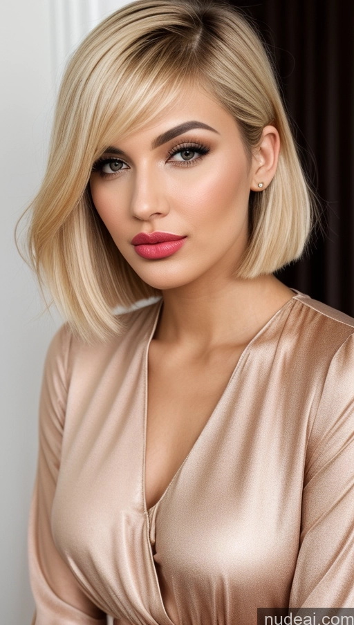 ai nude image of a close up of a woman with blonde hair and a pink lipstick pics of Short Hair Arabic Blonde Blouse One Woman Pouting Lips Bright Lighting Detailed