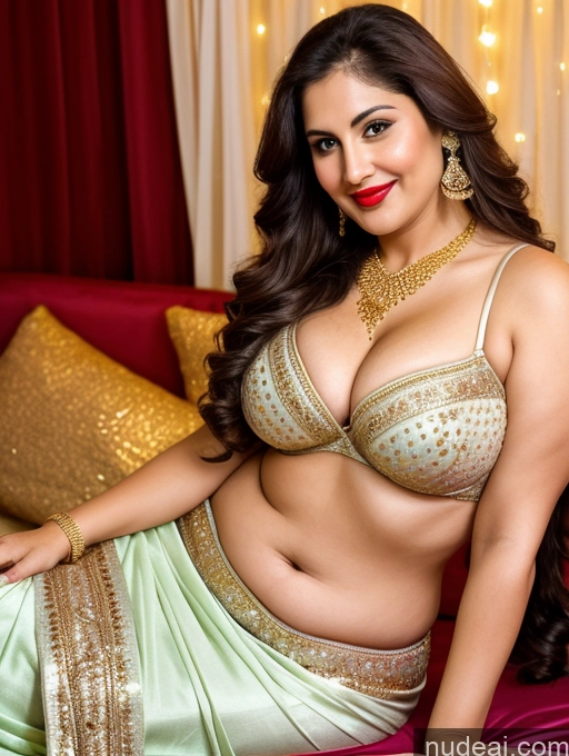 ai nude image of araffe woman in a green sari posing on a bed pics of Milf Busty Beautiful Lipstick Chubby Thick Big Hips Fairer Skin 20s Happy Seductive Brunette Long Hair Party Front View Cleavage Diamond Jewelry Gold Jewelry Bright Lighting Detailed Spreading Legs British Sari