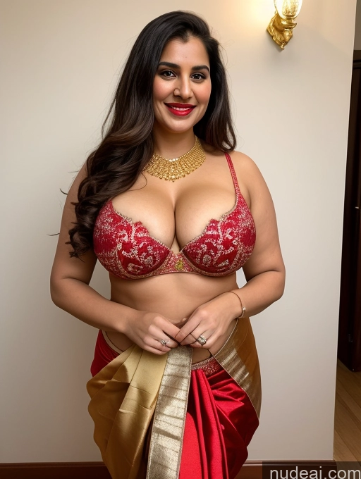 ai nude image of araffe woman in a red and gold sari posing for a picture pics of Milf Busty Beautiful Lipstick Chubby Thick Big Hips 20s Happy Seductive Brunette Long Hair Russian Fairer Skin Party Front View Sari Cleavage Diamond Jewelry Gold Jewelry Bright Lighting Detailed Yoga