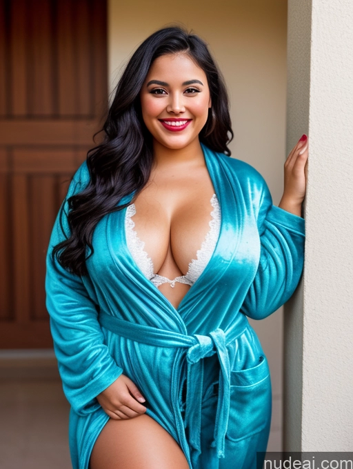 ai nude image of arafed woman in a blue robe posing for a picture pics of Small Tits Beautiful Lipstick Big Ass Chubby Big Hips Tanned Skin Black Hair Long Hair Happy Front View 20s Bathrobe