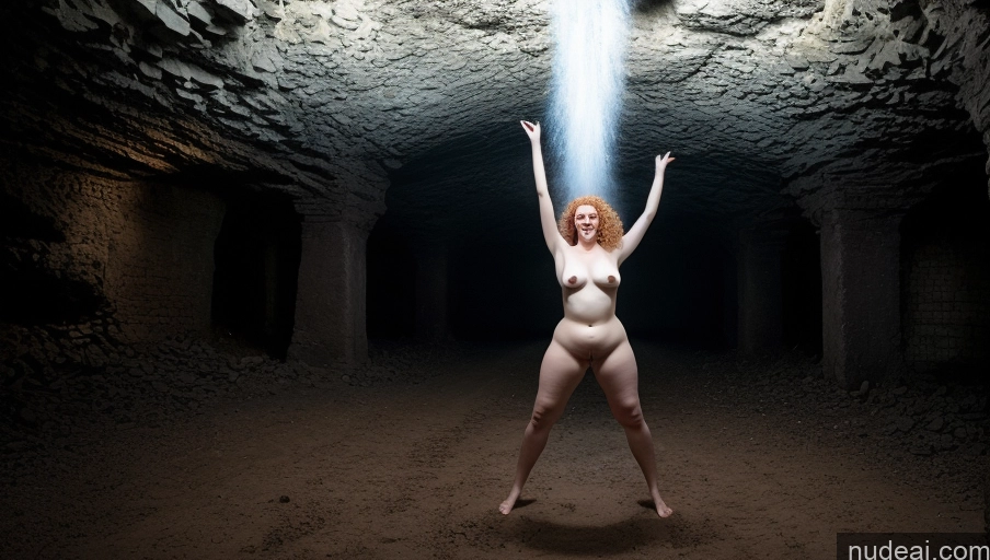 ai nude image of arafed woman in a cave with a beam of light coming from her chest pics of Hell Dark Lighting Nude One Fairer Skin Ginger White Dark Fantasy Happy Milf Busty Thick Chubby Fat Short 40s Curly Hair T-pose