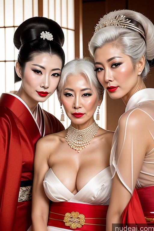 ai nude image of three women in kimono are posing for a picture in a photo studio pics of Milf Lipstick Chinese Partially Nude Transparent Pearl Jewelry 50s Skinny Cumshot Geisha White Hair Serious