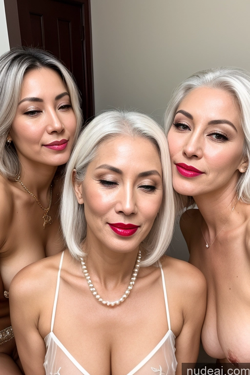 ai nude image of three women in lingersuits posing for a picture in a bathroom pics of Milf Lipstick Chinese Partially Nude Transparent Pearl Jewelry 50s Skinny Cumshot White Hair Orgasm Harem Pants