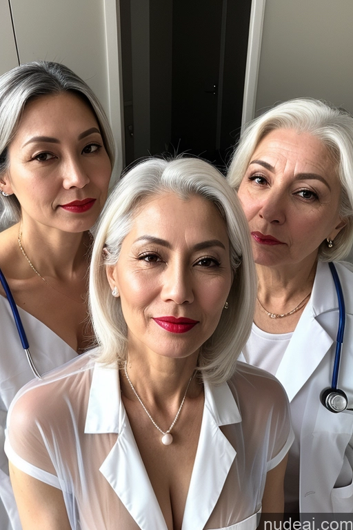 ai nude image of three women in white shirts and blue scrubs posing for a picture pics of Milf Lipstick Chinese Partially Nude Transparent Pearl Jewelry 50s Skinny Cumshot White Hair Doctor Serious