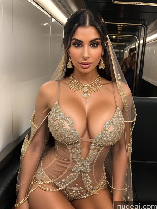 ai nude image of araffed woman in a gold outfit posing on a train pics of Bimbo 30s Angry Perfect Body Black Hair Ponytail Indian Dark Fantasy Train Front View Spreading Legs Salwar Partially Nude Diamond Jewelry Gold Jewelry Transparent Cleavage Bright Lighting Detailed