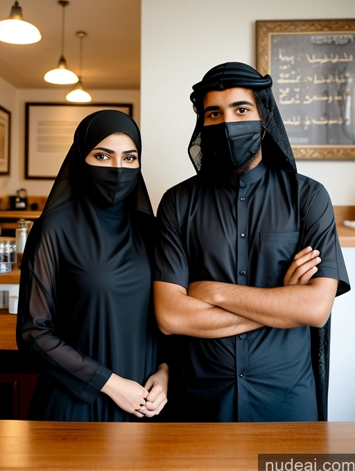 related ai porn images free for Woman + Man 18 Sad Black Hair Messy Arabic Cafe Front View Niqab Small Tits