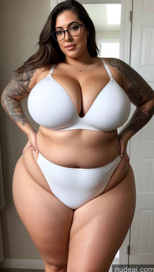 ai nude image of araffe woman in a white bikini posing for a picture pics of Lingerie Model Busty Huge Boobs Tattoos Big Ass Thick Chubby Big Hips Long Legs Tall Perfect Body Bikini Front View White Fairer Skin 20s Perfect Boobs Beautiful Underwear Glasses