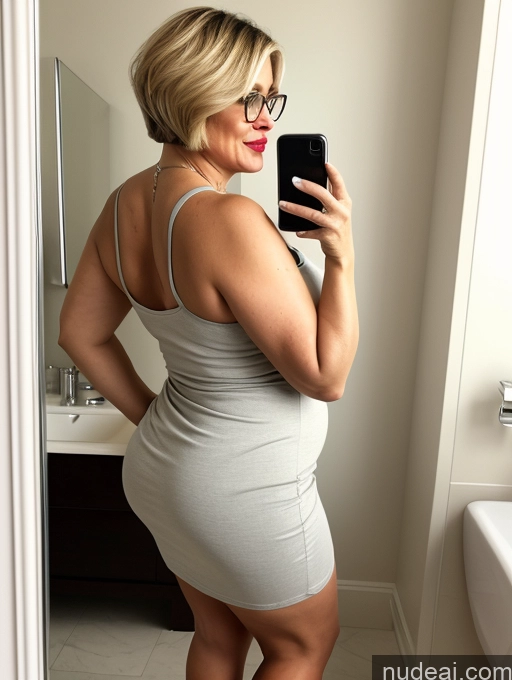 ai nude image of there is a woman taking a selfie in a bathroom mirror pics of One Huge Boobs Glasses Lipstick Big Ass Thick Fat Big Hips Short Orgasm Blonde Short Hair Latina Mirror Selfie Bathroom Dress 50s Milf