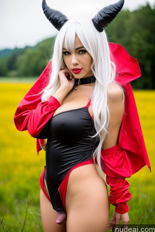 ai nude image of blond woman in devil costume posing in field with horns on head pics of Woman One Huge Boobs Long Legs Big Ass Big Hips Trans Girl With Erect Penis 30s Slicked White Crisp Anime Meadow Sexy Face Detailed Cosplay Black Hair Devil Vampire