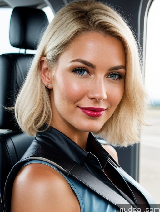 ai nude image of blond woman with blue eyes and a leather vest sitting in a car pics of Perfect Boobs Beautiful Lipstick Perfect Body 30s Sexy Face Pouting Lips Happy Serious Scandinavian Pilot Two