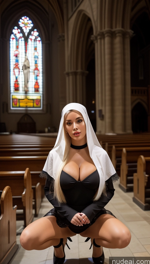 ai nude image of arafed woman in a nun costume kneeling in a church pics of Bimbo One Beautiful Lipstick Perfect Body Long Legs Perfect Boobs 20s Seductive Sexy Face Blonde Long Hair White Film Photo Church Front View Nude High Heels Micro Skirt Nun Stockings Detailed Squatting