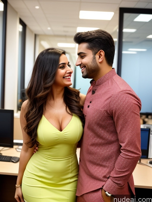 ai nude image of smiling couple in office with computers and desks in background pics of Woman + Man Two Beautiful Perfect Body Chubby 20s Happy British Illustration Office Side View Salwar Cleavage Spreading Legs