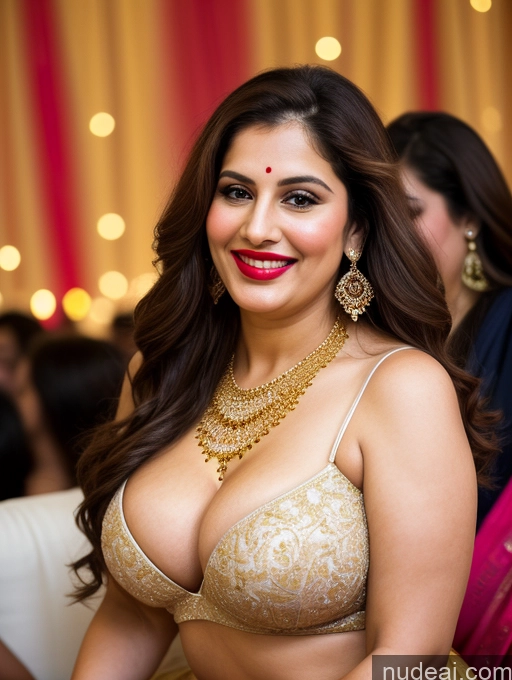 ai nude image of araffe woman in a gold bra top and gold jewelry pics of Milf Busty Beautiful Lipstick Chubby Thick Big Hips 20s Happy Seductive Brunette Long Hair Russian Party Front View Spreading Legs Sari Cleavage Diamond Jewelry Gold Jewelry Bright Lighting Detailed Fairer Skin